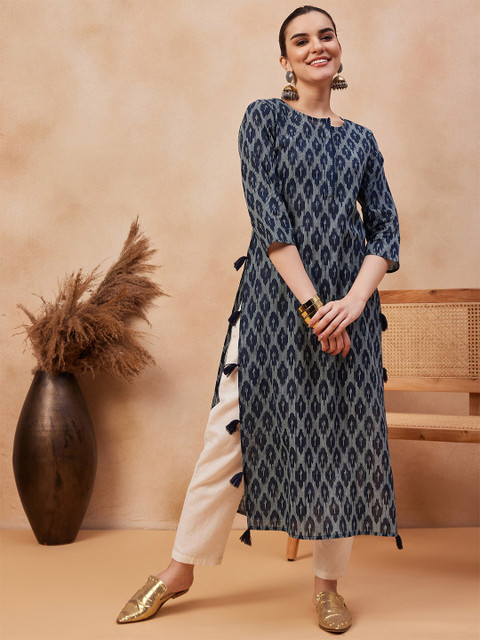 Anouk X fwd Navy Blue Ethnic Motifs Printed Cotton Straight Kurta - Image 7