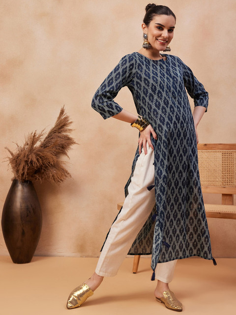 Anouk X fwd Navy Blue Ethnic Motifs Printed Cotton Straight Kurta - Image 3