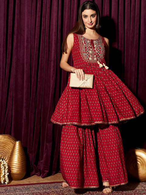 indo street Ethnic Motifs Pleated Mirror Work Pure Cotton A-Line Kurta with Sharara - Image 6