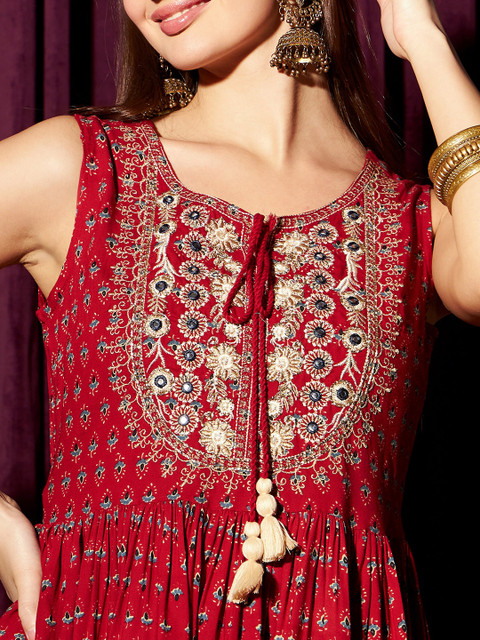 indo street Ethnic Motifs Pleated Mirror Work Pure Cotton A-Line Kurta with Sharara - Image 2