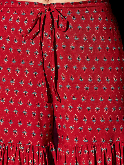 indo street Ethnic Motifs Pleated Mirror Work Pure Cotton A-Line Kurta with Sharara - Image 3