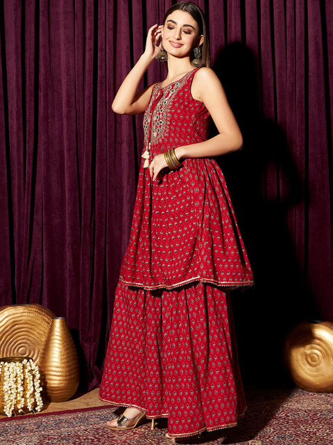 indo street Ethnic Motifs Pleated Mirror Work Pure Cotton A-Line Kurta with Sharara - Image 4