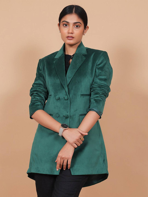 Talethread Notched Lapel Collar Double-Breasted Longline Cotton Velvet Casual Blazer