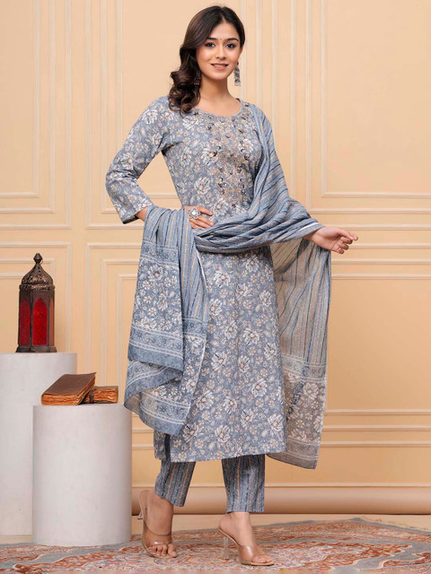 AVYCO Floral Embroidered Sequinned Round Neck Pure Cotton Kurta With Trousers & Dupatta - Image 4