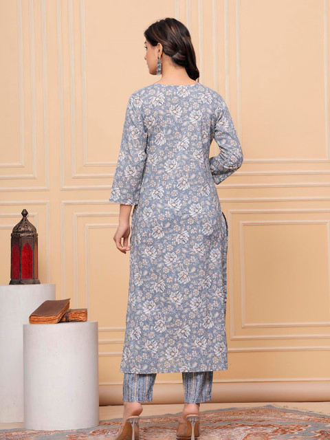 AVYCO Floral Embroidered Sequinned Round Neck Pure Cotton Kurta With Trousers & Dupatta - Image 5