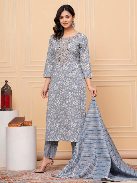 AVYCO Floral Embroidered Sequinned Round Neck Pure Cotton Kurta With Trousers & Dupatta - Image 6
