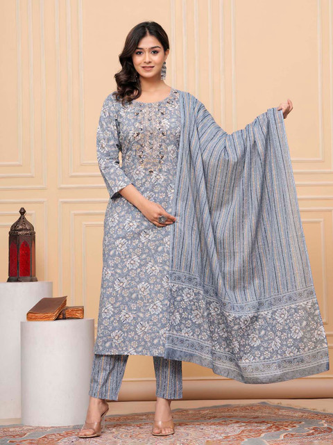 AVYCO Floral Embroidered Sequinned Round Neck Pure Cotton Kurta With Trousers & Dupatta - Image 2