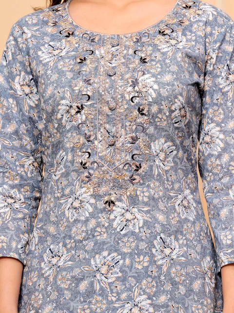 AVYCO Floral Embroidered Sequinned Round Neck Pure Cotton Kurta With Trousers & Dupatta - Image 3