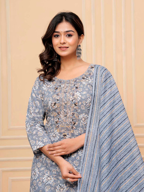 AVYCO Floral Embroidered Sequinned Round Neck Pure Cotton Kurta With Trousers & Dupatta