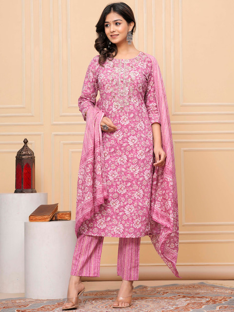AVYCO Floral Printed Sequinned Round Neck Pure Cotton Kurta With Trousers & Dupatta - Image 5