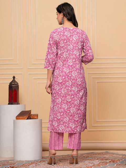 AVYCO Floral Printed Sequinned Round Neck Pure Cotton Kurta With Trousers & Dupatta - Image 4