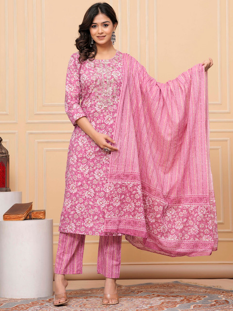 AVYCO Floral Printed Sequinned Round Neck Pure Cotton Kurta With Trousers & Dupatta - Image 2