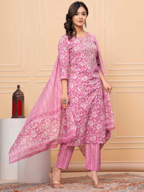 AVYCO Floral Printed Sequinned Round Neck Pure Cotton Kurta With Trousers & Dupatta - Image 3