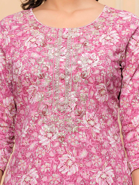 AVYCO Floral Printed Sequinned Round Neck Pure Cotton Kurta With Trousers & Dupatta - Image 7