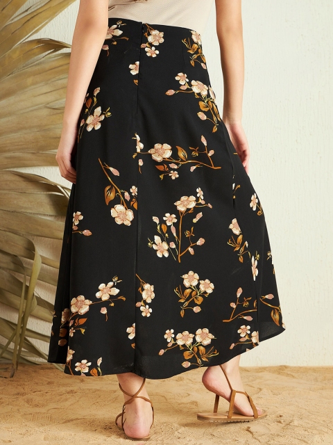 Berrylush Black Beige Floral Printed High Rise Side Slit A-line Maxi Skirt - Image 3