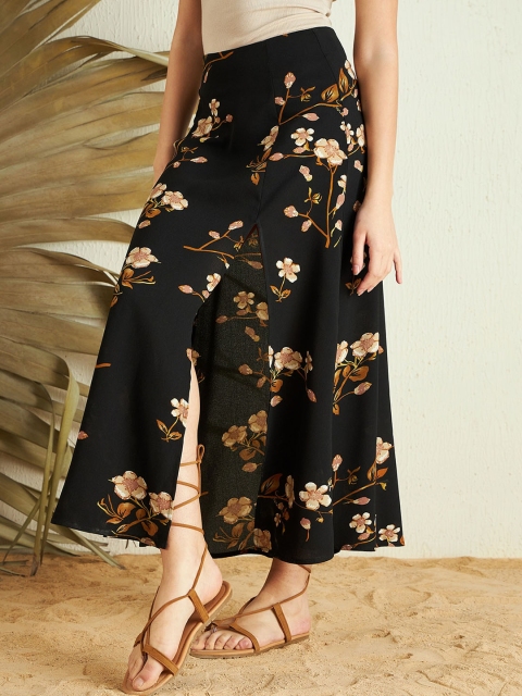 Berrylush Black Beige Floral Printed High Rise Side Slit A-line Maxi Skirt - Image 2