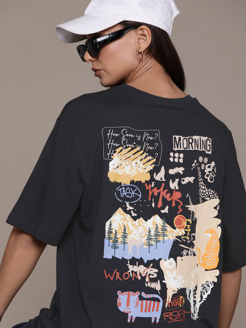 The Roadster Lifestyle Co. Women Printed Pure Cotton Oversized Longline T-shirt