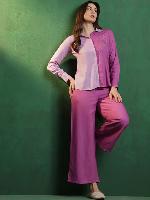 Sangria Purple Embroidered Shirt Collar Shirt & Palazzo