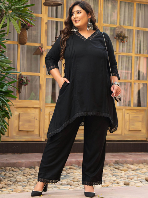 PrettyPlus by Desinoor.com Plus Size V-Neck Three-Quarter Sleeves Ethnic Top With Trouser - Image 6