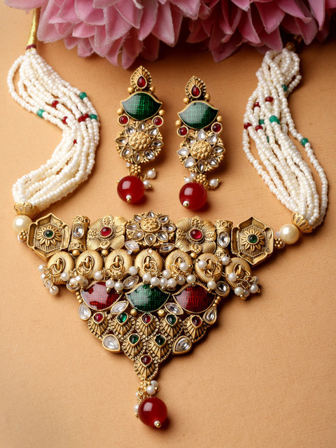 ADIVA Gold-Plated Atrificial Stone Studded Jewellery Set