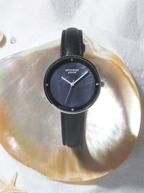 Sonata Poze Women Brass Embellished Dial & Leather Straps Analogue Watch SP80050SL02W