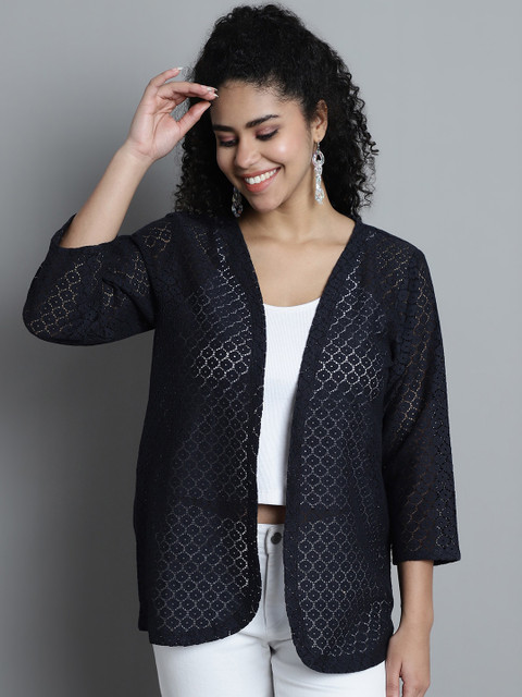 Dressitude Self Design Sheer Cotton Open Front Shrug