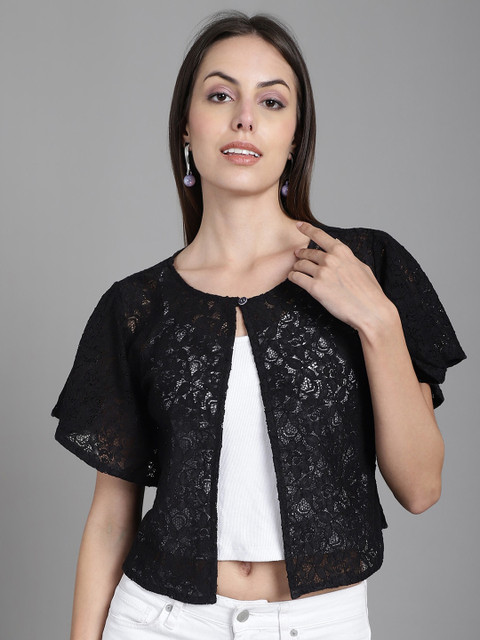 Dressitude Self Design Sheer Cotton Open Front Shrug