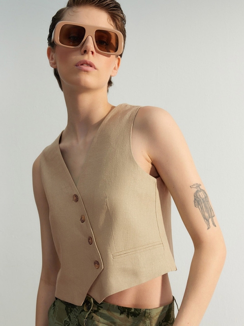 Trendyol V-Neck Crop Pure Cotton Tailored Jacket - Image 4