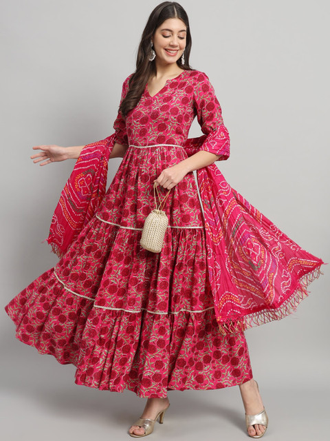 Gujari Floral Printed Gathered Detailed Maxi Ethnic Dress With Dupatta
