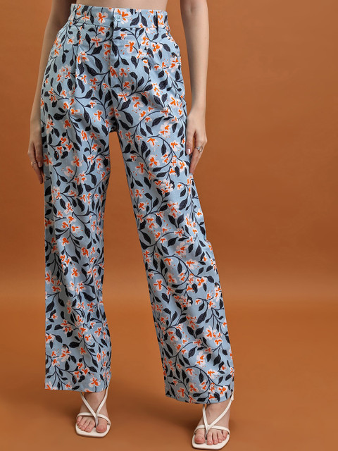 Tokyo Talkies Women Blue Floral Printed High-Rise Cotton Trousers
