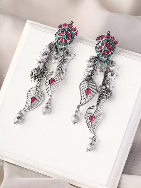 Priyaasi Silver-Plated Oxidised Artificial Beads Studded Drop Earrings