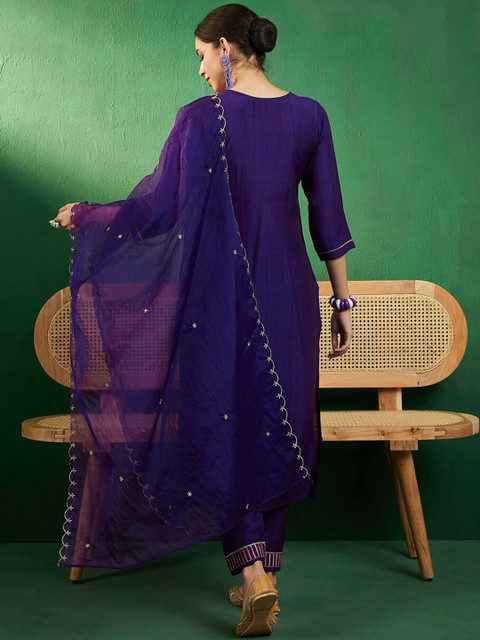 Sangria Purple & Gold Toned Zari Embroidered Straight Kurta With Trouser & Dupatta - Image 6