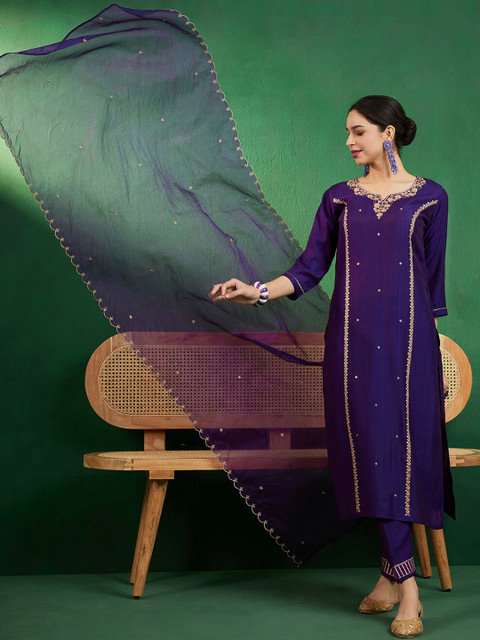 Sangria Purple & Gold Toned Zari Embroidered Straight Kurta With Trouser & Dupatta - Image 7