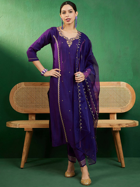 Sangria Purple & Gold Toned Zari Embroidered Straight Kurta With Trouser & Dupatta - Image 2