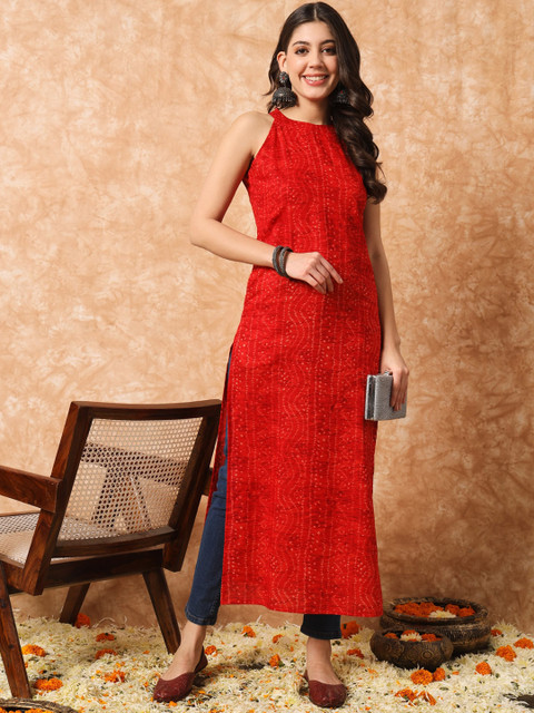 Meeranshi Bandhani Printed Round Neck Cotton Straight Kurta - Image 6