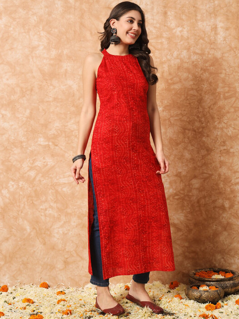 Meeranshi Bandhani Printed Round Neck Cotton Straight Kurta - Image 3