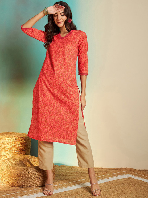 Sangria Orange Ethnic Motifs Printed V-Neck Pure Cotton Regular Straight Kurta - Image 3