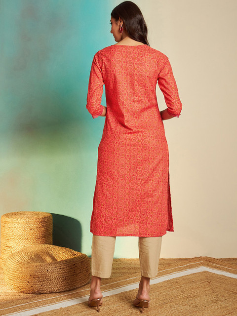 Sangria Orange Ethnic Motifs Printed V-Neck Pure Cotton Regular Straight Kurta - Image 6