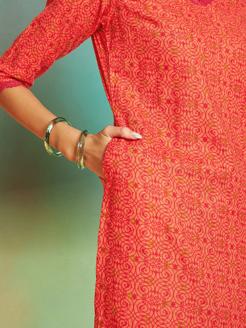 Sangria Orange Ethnic Motifs Printed V-Neck Pure Cotton Regular Straight Kurta - Image 7
