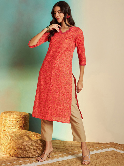 Sangria Orange Ethnic Motifs Printed V-Neck Pure Cotton Regular Straight Kurta - Image 5