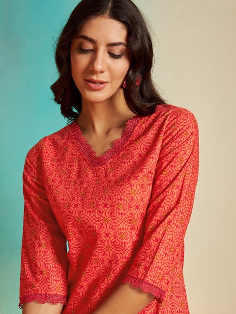 Sangria Orange Ethnic Motifs Printed V-Neck Pure Cotton Regular Straight Kurta - Image 2