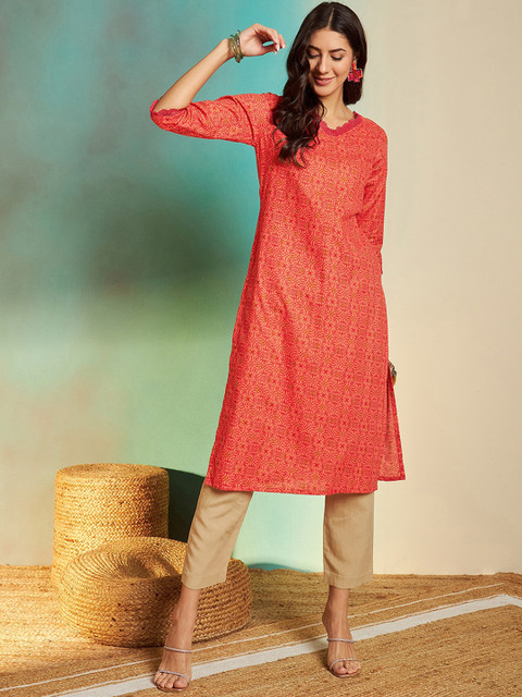 Sangria Orange Ethnic Motifs Printed V-Neck Pure Cotton Regular Straight Kurta - Image 4
