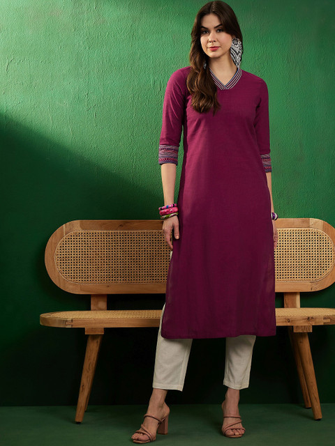 Sangria X fwd Burgundy V-Neck Thread Work Pure Cotton Straight Kurta