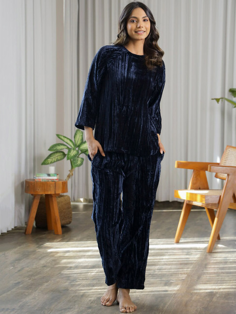 SANSKRUTIHOMES Round Neck Velvet Shirt With Pyjamas