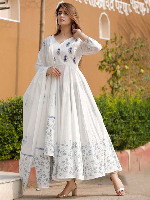 KALINI Floral Printed Pleated Anarkali Kurta With Dupatta - Image 3