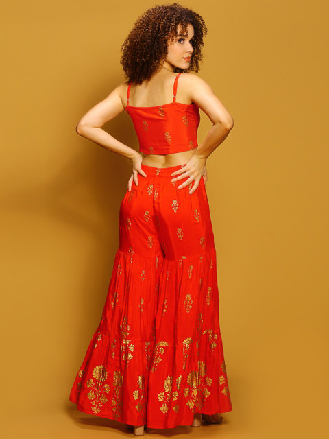 Sera Women Ethnic Motifs Printed Shoulder Straps Fitted Crop Top With Sharara - Image 5