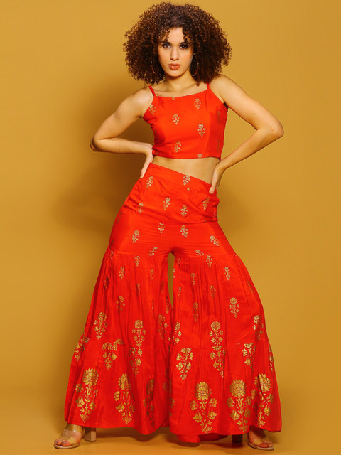 Sera Women Ethnic Motifs Printed Shoulder Straps Fitted Crop Top With Sharara