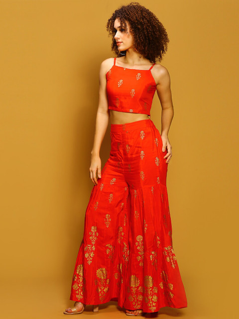 Sera Women Ethnic Motifs Printed Shoulder Straps Fitted Crop Top With Sharara - Image 4