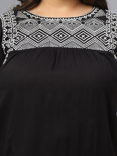 SAAKAA Plus Size Geometric Embroidered Round Neck Gathered Cotton A-Line Dress - Image 2