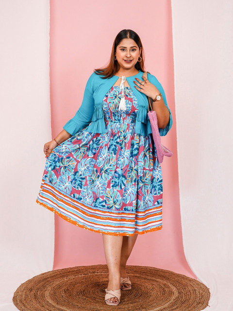 Vibes by Deebaco Plus Size Tropical Printed Cotton Fit & Flare Midi Dress With Shrug